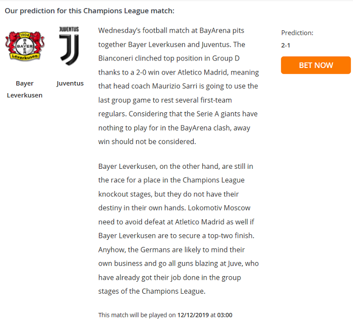 Dự đoán Leverkusen vs Juventus (3h 12/12) bởi Football Predictions
